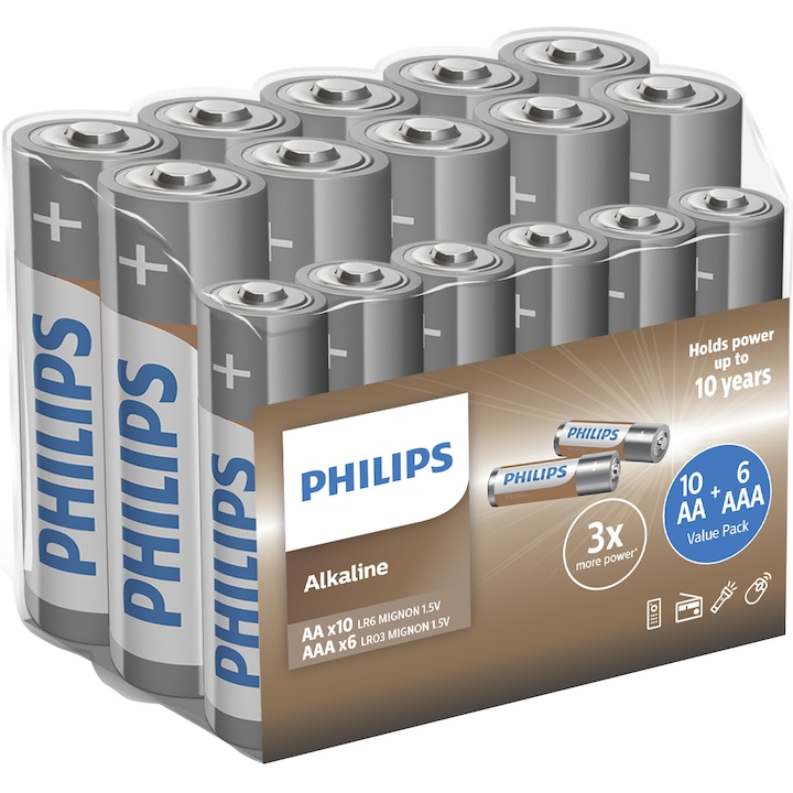 Комплект батерии Philips Alkaline, 10 x AA + 6 x AAA