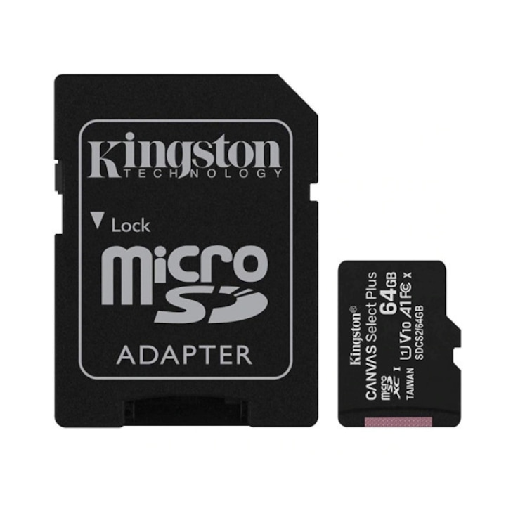 Card de memorie MicroSD Kingston, 64GB, 100MB/s, cu adaptor, negru