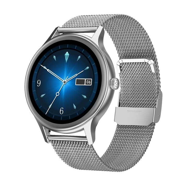 Ceas Smartwatch Smart Wear RF66, Puls, Calorii, Afisaj IPS, Ultra-subtire, Rezistenta la apa IP67, Pedometru, Argintiu