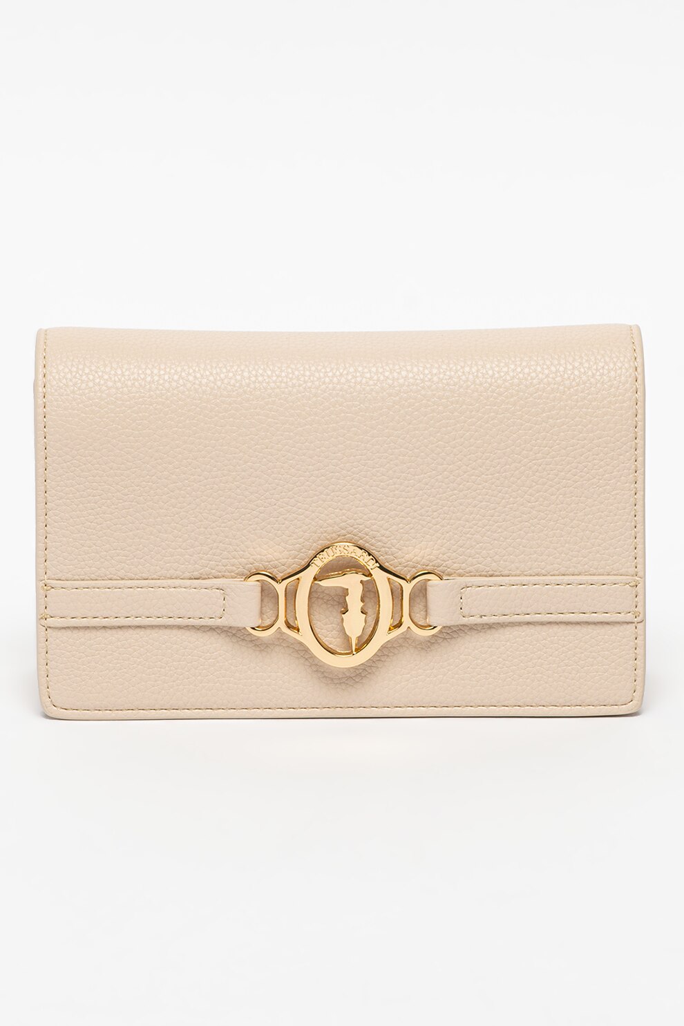 Trussardi, Geanta plic de piele ecologica cu bareta din lant Poppy, Maro camel