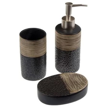 Set accesorii de baie MPG model texturat negru cu maroniu inchis, 3 piese Set accesorii de baie MPG model texturat negru cu maroniu inchis, 3 piese