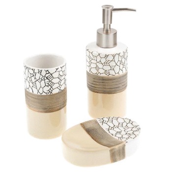 Set accesorii de baie MPG model texturat alb cu cappucino 3 piese Set accesorii de baie MPG model texturat alb cu cappucino 3 piese
