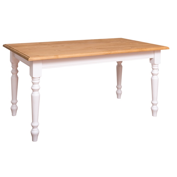 Masa de sufragerie Szel-Mob cu picioare strunjite 180x90cm, culoare top natural, culoare corp alb, dublu color, 100% lemn masiv