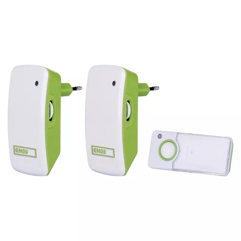 Sonerie wireless Emos AC P5742, 2 sonerii, 230V AC, 3 tonuri, volum reglabil, 85 dB, 100 m, Verde