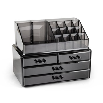 Organizator cosmetice pe 2 niveluri si 4 sertare, negru transparent, acril, BH083 Organizator cosmetice pe 2 niveluri si 4 sertare, negru transparent, acril, BH083