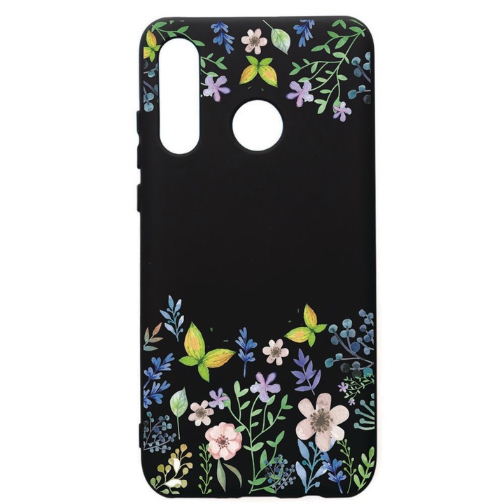Защитен калъф Huawei P30 Lite, Butterfly-Flowers, силиконов, с текстилна вътрешност, защита на камерата, PB95