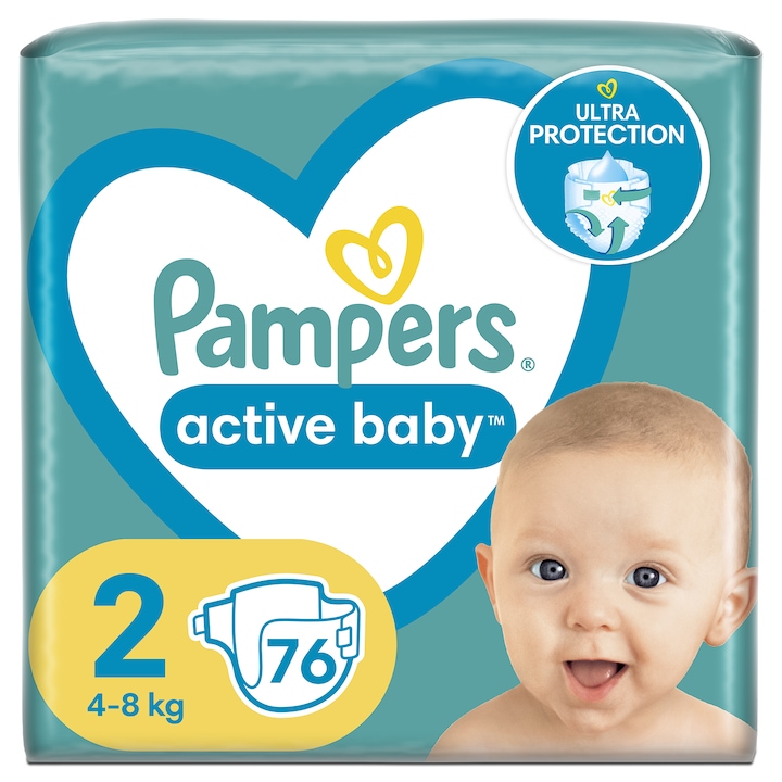 Scutece Pampers Active Baby Jumbo Pack, Marimea 2, Nou Nascut, 4 -8 kg, 76 buc