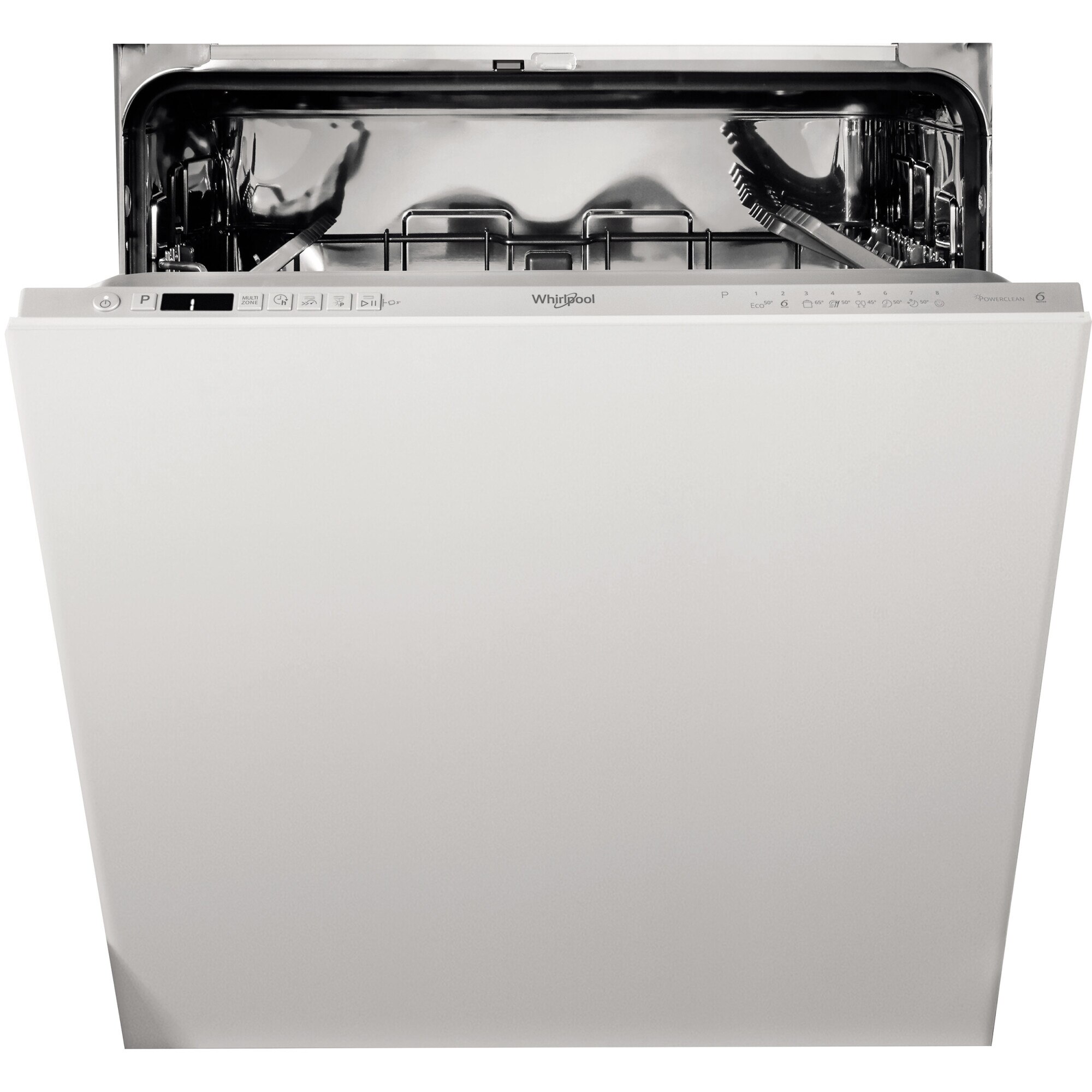 Masina de spalat vase incorporabila Whirlpool WI7020P, 14 seturi, 8 programe, Clasa E, PowerClean Pro, Tehnologia al 6-lea Simt, Motor Inverter, Sistem Natural Dry, 60 cm