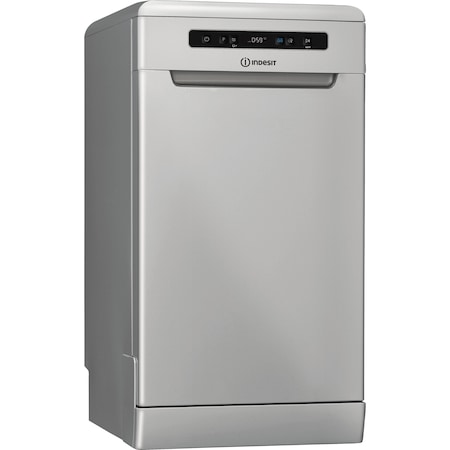 Masina de spalat vase Indesit DSFO3T224CS, 10 seturi, 9 programe, Clasa E, Tehnologie al 6-lea Simt, Sistem AquaStop, Display, 60 cm, Argintiu