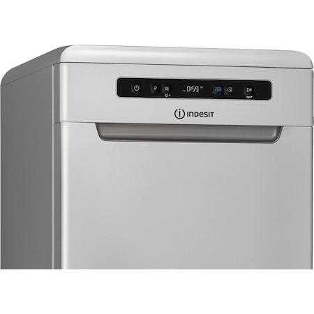 Masina de spalat vase Indesit DSFO3T224CS, 10 seturi, 9 programe, Clasa E, Tehnologie al 6-lea Simt, Sistem AquaStop, Display, 60 cm, Argintiu