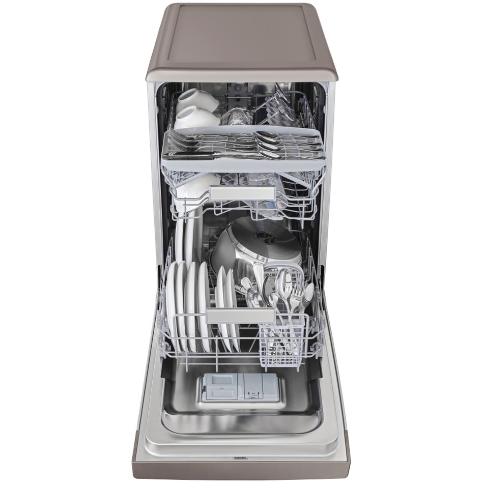 Masina de spalat vase Indesit DSFO3T224CS, 10 seturi, 9 programe, Clasa E, Tehnologie al 6-lea Simt, Sistem AquaStop, Display, 45 cm, Argintiu