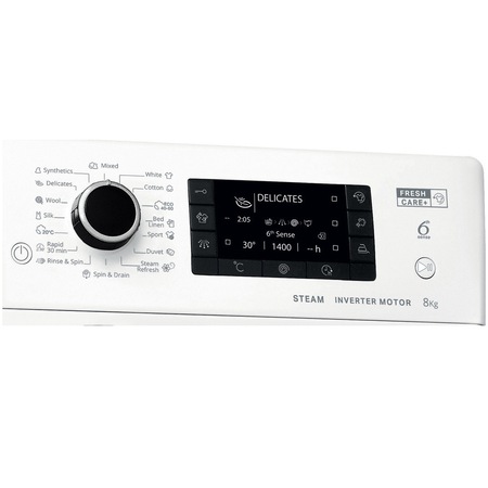 Masina de spalat rufe Slim Whirlpool FWSD81283BVEEN, 8 kg, 1200 rpm, Clasa D, Tehnologia al-6lea Simt, Motor Inverter, FreshCare+, Steam Refresh, Steam Hygiene, Display LCD, Alb