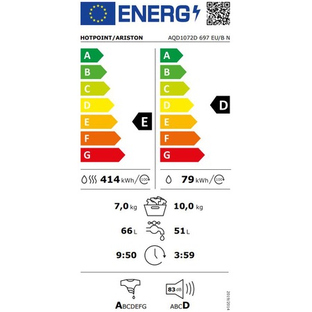 Masina de spalat rufe cu uscator Hotpoint AQD1072D697EU/BN, 10 kg spalare, 7 kg uscare, 1600 rpm, Clasa D, Steam Refresh, Motor Inverter, Display LCD, Alb