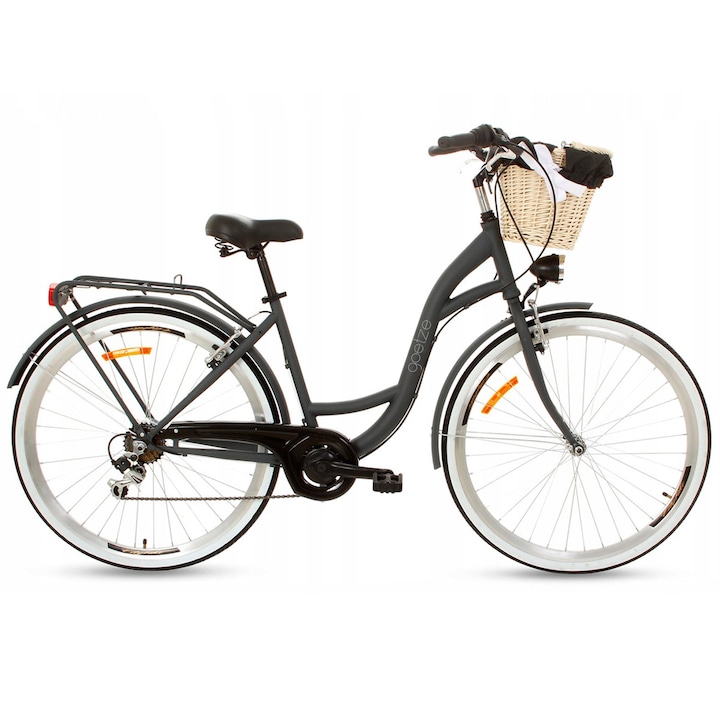 Goetze Mood női kerékpár, 7 sebességes, 28 "kerék, grafit szín, 160-185 cm magasságig, fonott kosár, LED világítás