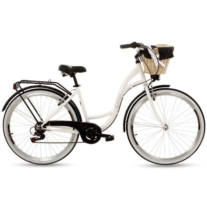 Bicicleta Dama Goetze® Mood, 7 viteze, Roti din aluminiu marimea 28", Alb/Negru, 160-185 cm inaltime, Cos de rachita, Lumini cu leduri