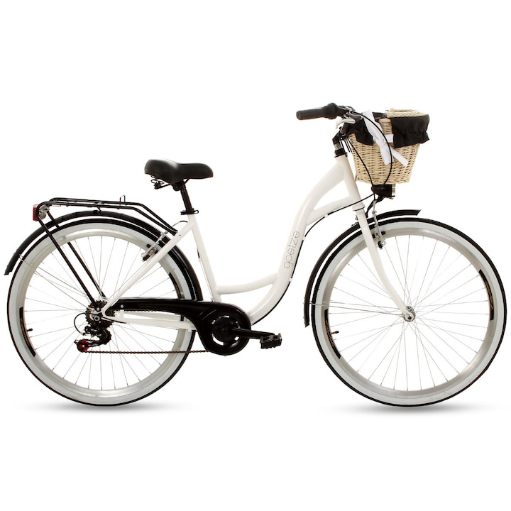 Goetze Mood női kerékpár, 7 sebességes, 28"-es kerék, 160-185 cm magassághoz, fonott kosár, LED világítás, fehér / fekete