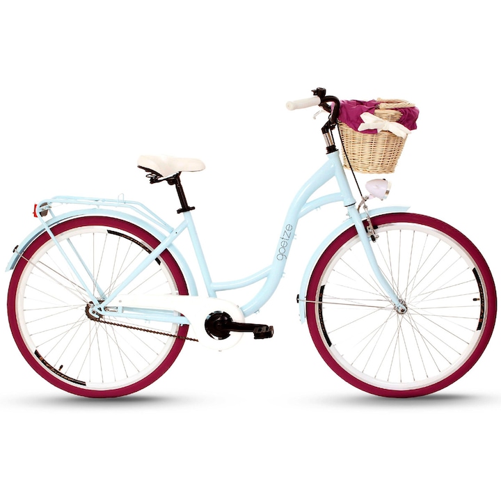 Goetze Colorus női kerékpár, 1 sebességes, kerék 28", kék / lila, 160-185 cm magasságúaknak, fonott kosár, LED világítás