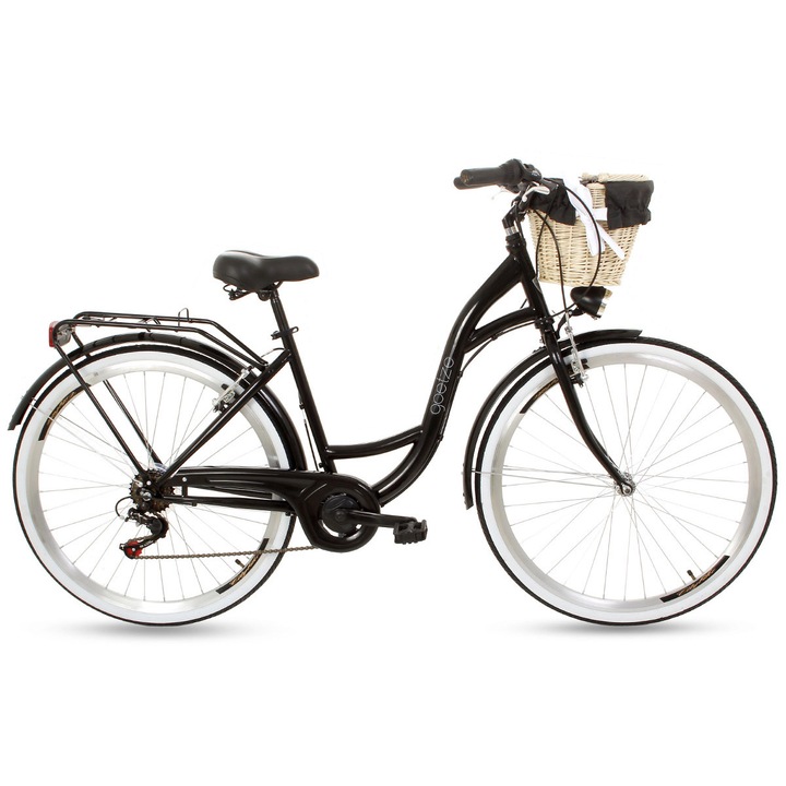 Bicicleta Dama Goetze® Mood, 7 viteze, Roti din aluminiu marimea 28", Negru, 160-185 cm inaltime, Cos de rachita, Lumini cu leduri