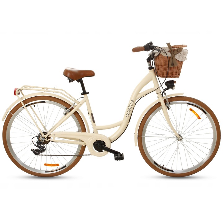 Bicicleta Dama Goetze® Mood, 7 viteze, Roti din aluminiu marimea 28", Maro, 160-185 cm inaltime, Cos de rachita, Lumini cu leduri