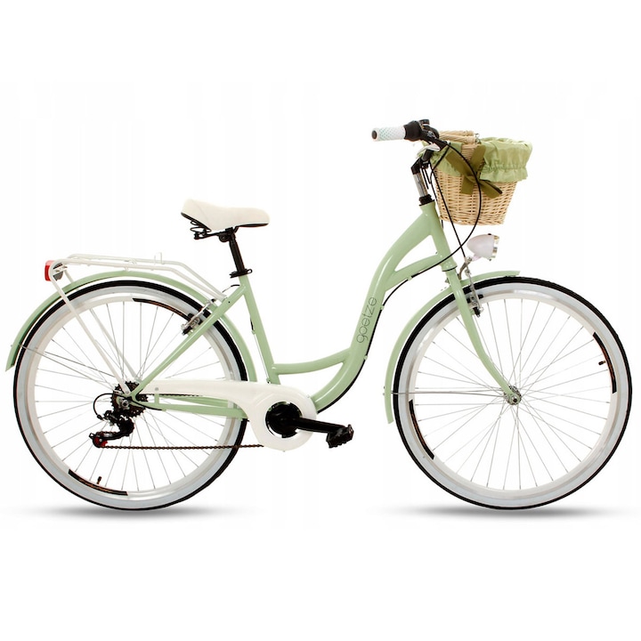 Goetze Mood Női Kerékpár, 7 sebességes, kerék 28 ", zöld, 160-185 cm magassághoz, fonott kosár, LED világítás