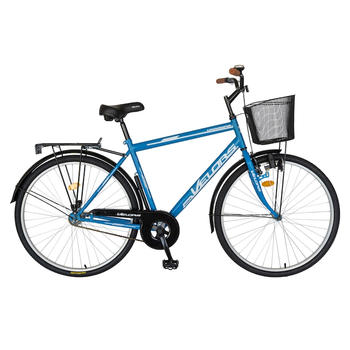 Градски велосипед с колела 28 инча, багажник, кош, задна торпедна спирачка/предна V-образна спирачка, 1 скорост, синьо/бяло, велур UKRAYNA Genius за мъже
