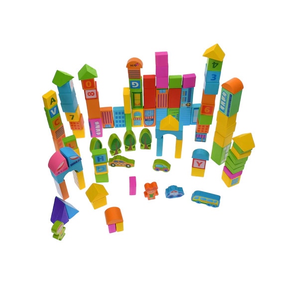Cuburi din lemn pentru construit, 100 piese, Mini oras, + 3 ani - eMAG.ro