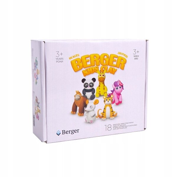 Set plastilina inteligenta Berger Kids Clay , 18 cutii, pasta de modelat, certificat non-toxic, Animale, 270 g