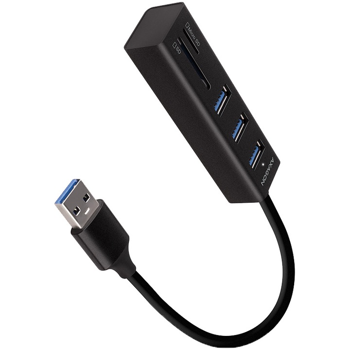 Хъб USB AXAGON HMA-CR3A, 3.2 Gen 2 с 3 порта USB-A и четец на SD/microSD карти, Кабел 20 см, Черен