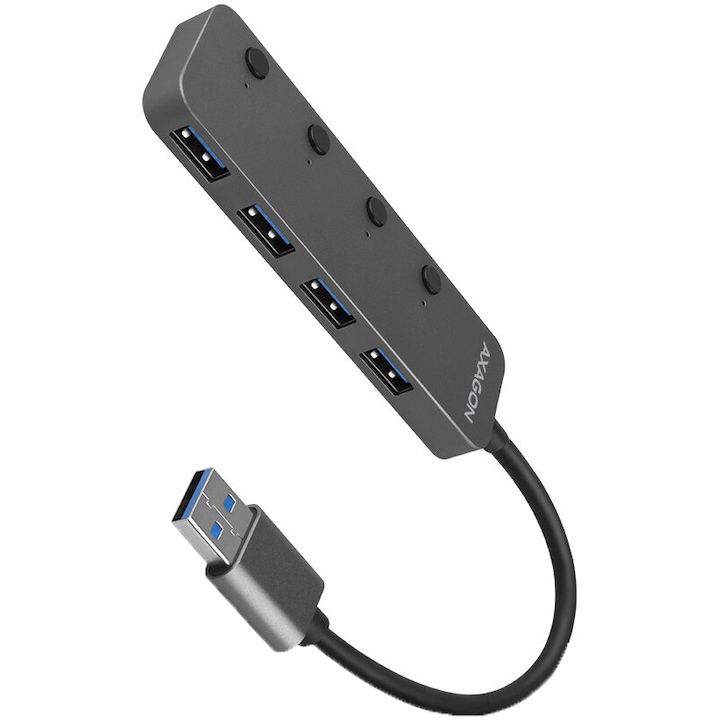 Хъб USB AXAGON HUE-MSA, С превключвател за всеки порт, 4x USB3.2 Gen 1, Micro USB захранване, Кабел USB-A 20 см