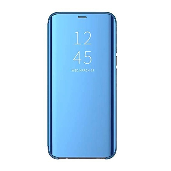 Огледален калъф тип книга за Samsung Galaxy A14, допълнителна защита, стоящ капак, син