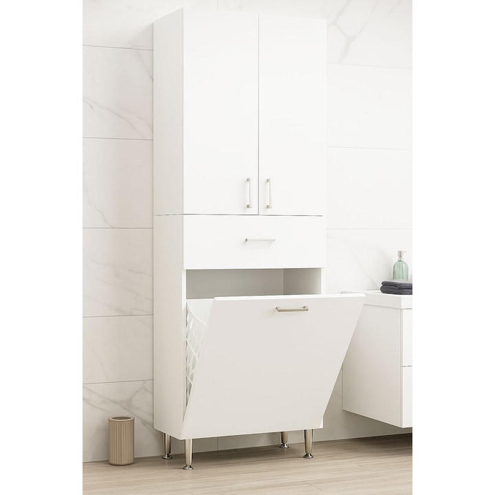 Шкаф за баня Badenmob Seria 021, Интегриран кош за пране, 180x64x36.5 см, Бял