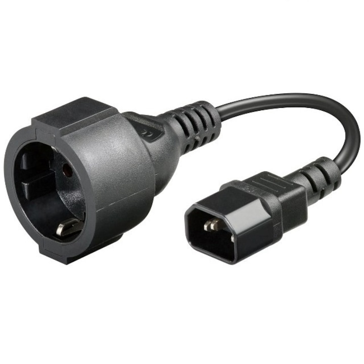 Cablu adaptor de la mufa IEC320-C14 tata la Schuko (CEE 7/7) mama, 0.2m, negru, pentru UPS-uri