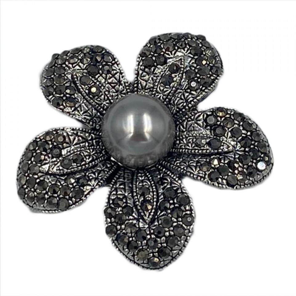 Brosa vintage floare cu marcasite si perla gri VP920 argintiu