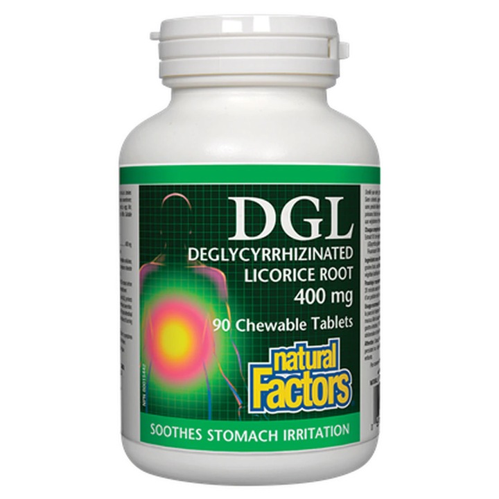 DGL – Екстракт от корен от женско биле, 90 таблетки за дъвчене, Natural Factors, гастроезофагеален рефлукс, гастрит, язви в устата