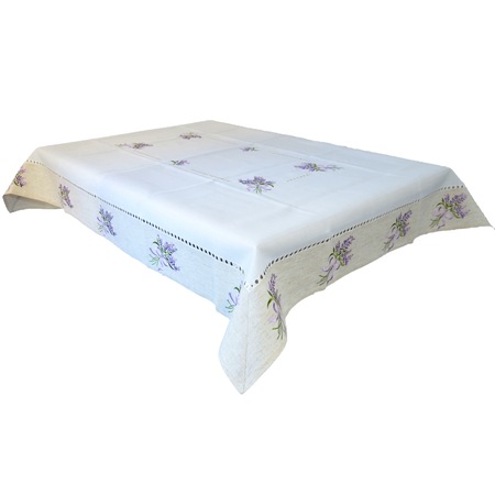 Fata de masa din In brodat cu motive lavanda, bordura bej 180x130 cm