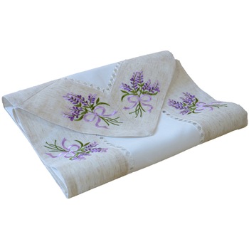 Fata de masa din In brodat cu motive lavanda, bordura bej 150x40 cm Fata de masa din In brodat cu motive lavanda, bordura bej 150x40 cm