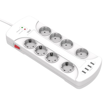Prelungitor Well, 4x USB, 8 prize, cu protectie, cablu 3xg1.5mmp, 3m Prelungitor Well, 4x USB, 8 prize, cu protectie, cablu 3xg1.5mmp, 3m