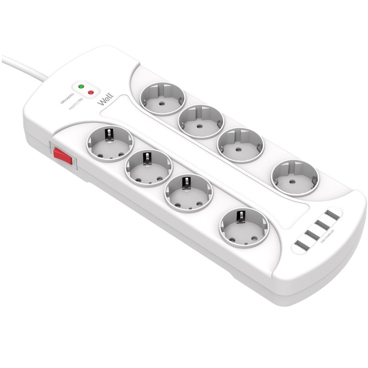 Разклонител Well със защита, 8 гнезда, 4 USB порта, 3 м, Кабел 3 x 1,5 мм, Бял