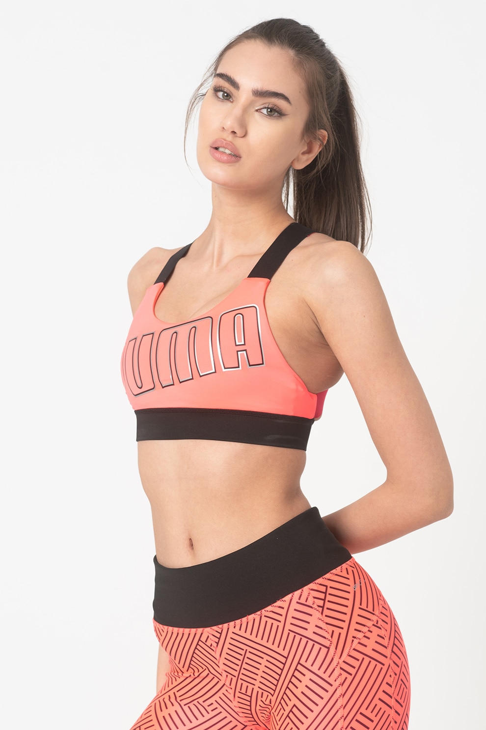 Puma, Bustiera cu logo pentru fitness Feel It, Roz neon/Negru, XS