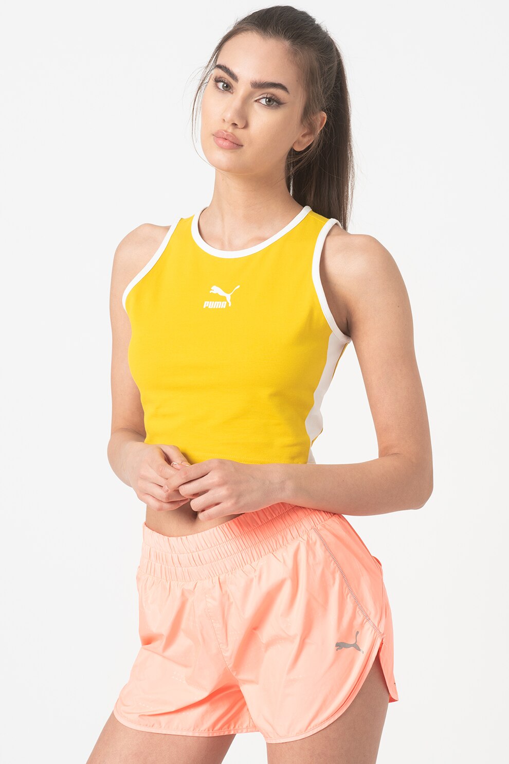 Puma, Top crop cu logo Classics, Galben mustar