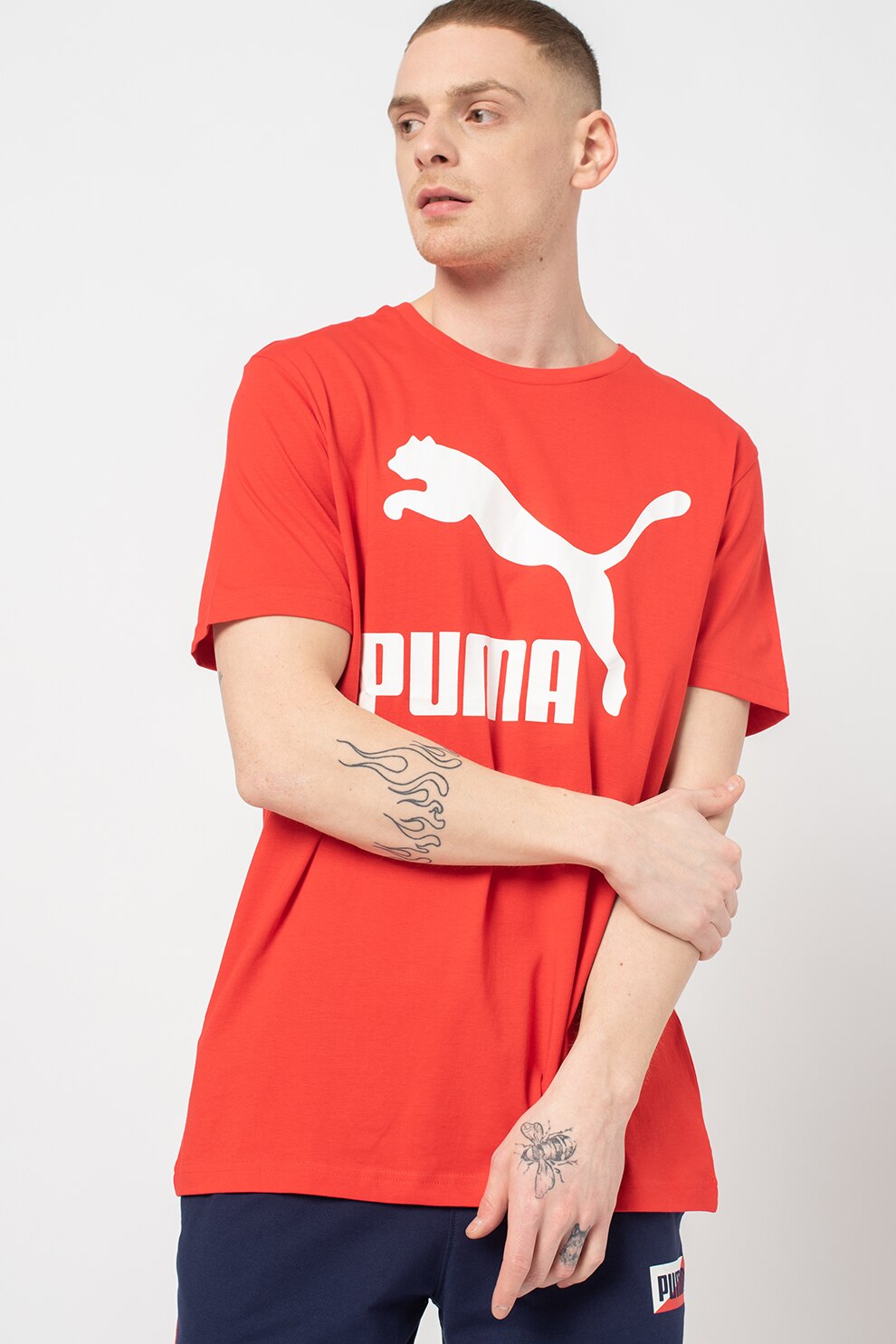 Puma, Tricou cu decolteu la baza gatului si imprimeu logo Classics, Rosu vermillion/Alb, S