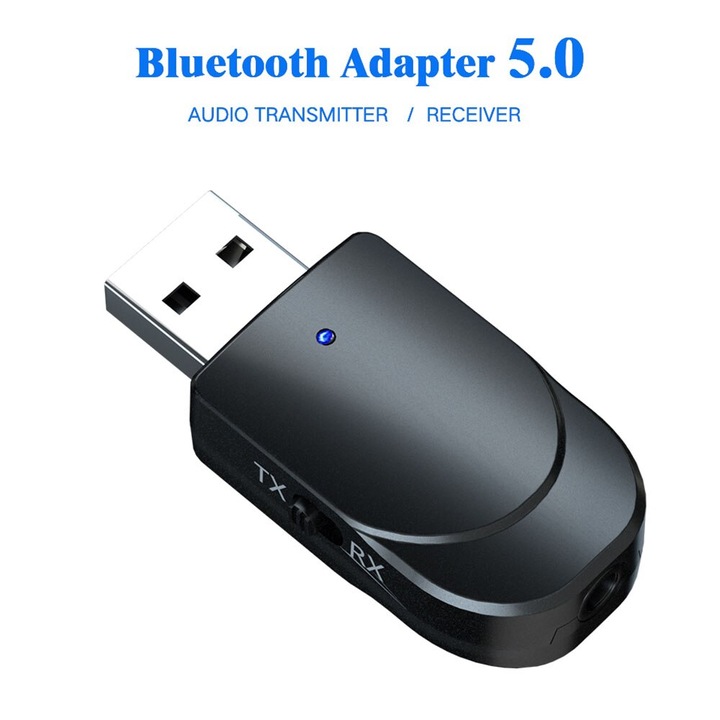 Adaptor bluetooth transmitator audio cu buton RX/TX, technologie BT 5.0 - Mini USB stereo AUX de 3,5 mm, pentru masini, PC sau TV