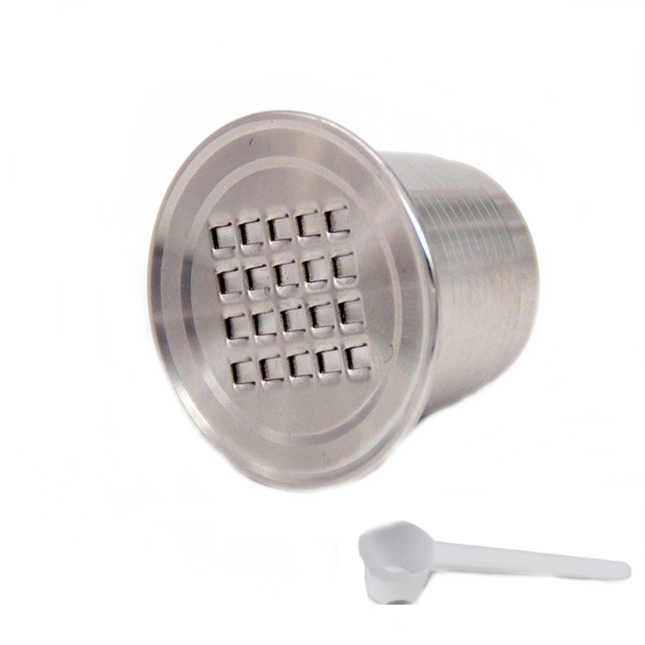 Капсула за кафе и чаена лъжичка, Nespresso, за многократно пълнене/миене, неръджаема стомана, сребриста