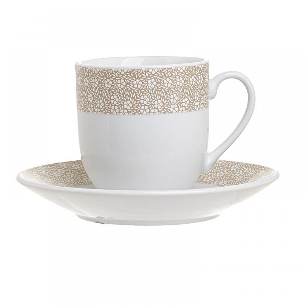 Set portelan pentru cafea, 6 cesti si 6 farfurioare, 90 ml, alb-crem