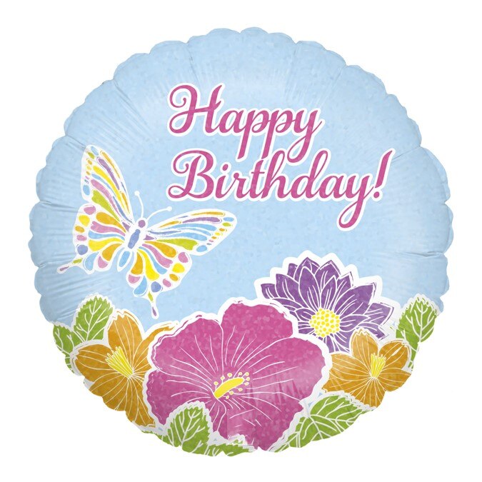 Balon folie rotund Happy Birthday fluture si flori 46 cm