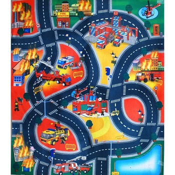 Covor de jucarie pentru copii, traseu pompieri cu 3 masini si semne de circulatie, 80x70 cm - 019A3B Covor de jucarie pentru copii, traseu pompieri cu 3 masini si semne de circulatie, 80x70 cm - 019A3B