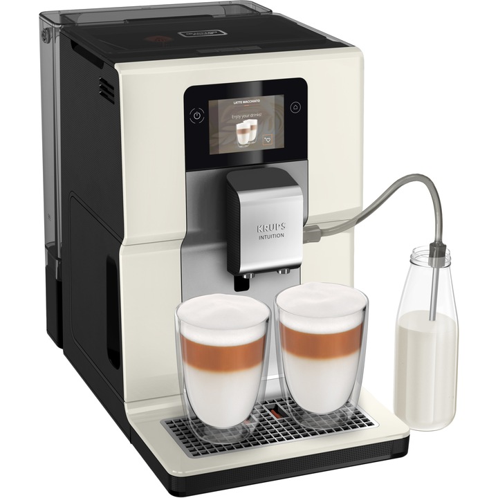 Espressor automat Krups Intuition Preference EA872A10, 1450 W, accesoriu pentru spumarea laptelui, 11 bauturi, Ecran tactil, tehnologie Quattro Force, tetete favorite, alb Ivory