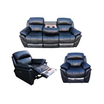 Set Piele Naturala Md 2458, Canapea 3 locuri cu 2 reclinere manuale si accesoriu de masuta cu suport de cafea 2 fotolii cu reclinere electrice, Piele naturala suprafata de contact, Negru (B-113) Set Piele Naturala Md 2458, Canapea 3 locuri cu 2 reclinere manuale si accesoriu de masuta cu suport de cafea 2 fotolii cu reclinere electrice, Piele naturala suprafata de contact, Negru (B-113)