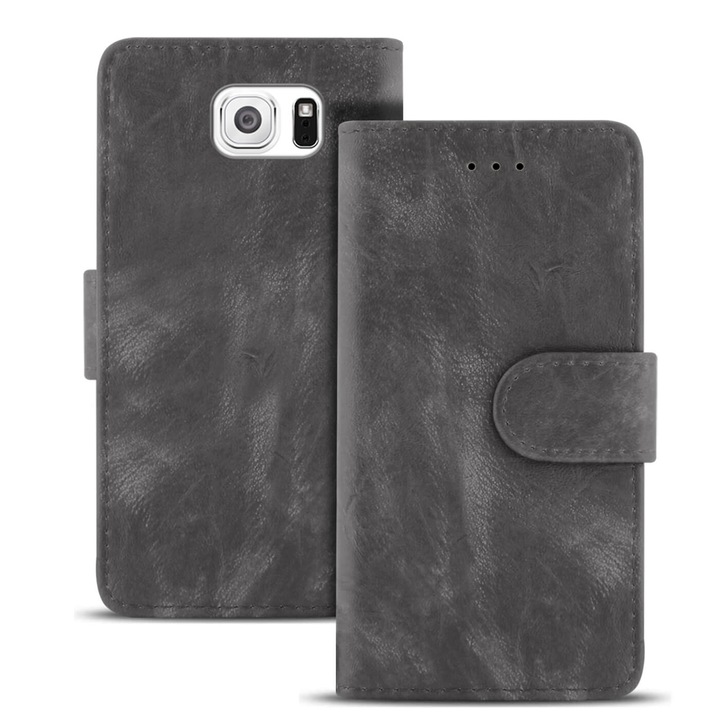 Husa Vintage cu compartiment pentru carduri, pentru Samsung Galaxy S6, Piele ecologica, Gri inchis