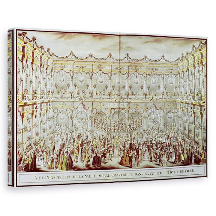 Charles Nicolas II Cochin - A párizsi Hotel de Ville udvarán felépített díszterem perspektivikus képe a Dauphin első házassága alkalmával Marie-Therese 1638-83 spanyol Infantával, Vászonkép, 40 x 60 cm